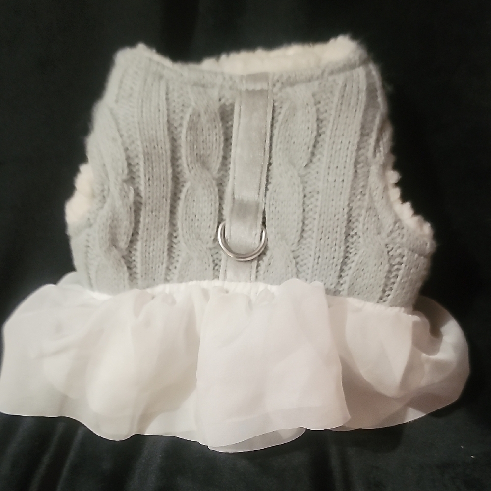 Gray Cable Knit Dog Sweater with White Ruffle